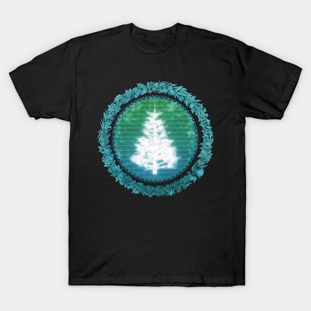 Winter Tree Retro Sunset Wreath Design T-Shirt by mythikcreationz